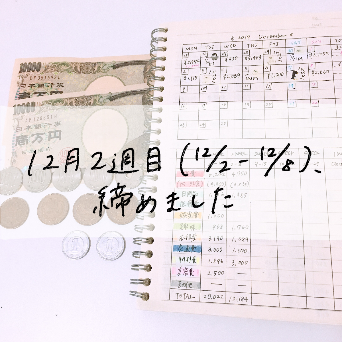 家計簿公開 24歳一人暮らし 2019年12月2週目 Mii 楽しい節約貯金生活